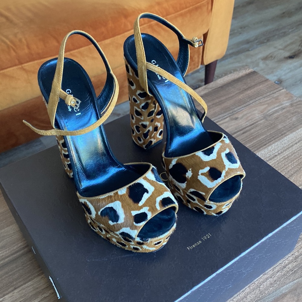 Gucci pony hair leopard print platform sandals